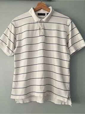 Vintage Grant Thomas Short Sleeve Cotton White Polo with Navy Horizontal Stripes